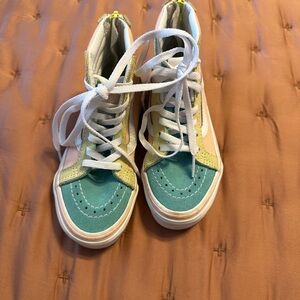 Vans Colorblock High-Top Sneakers in Teal, Yellow & Pink